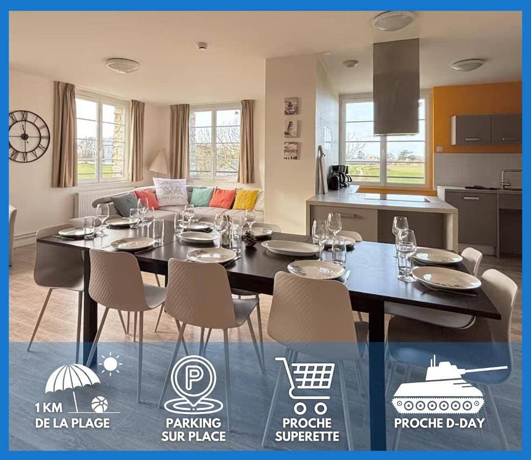 Les sables d'or Grand apt lumineux bien équipé 1er étage vue panoramique sur campagne près superette, à 600 m plage proche Omaha Beach et pointe du Hoc parking gratuit, garage à disposition 1