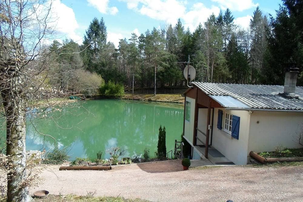 Foto 5 von 21: Chalet mit Blick auf einen Teich in einer grünen Umgebung.