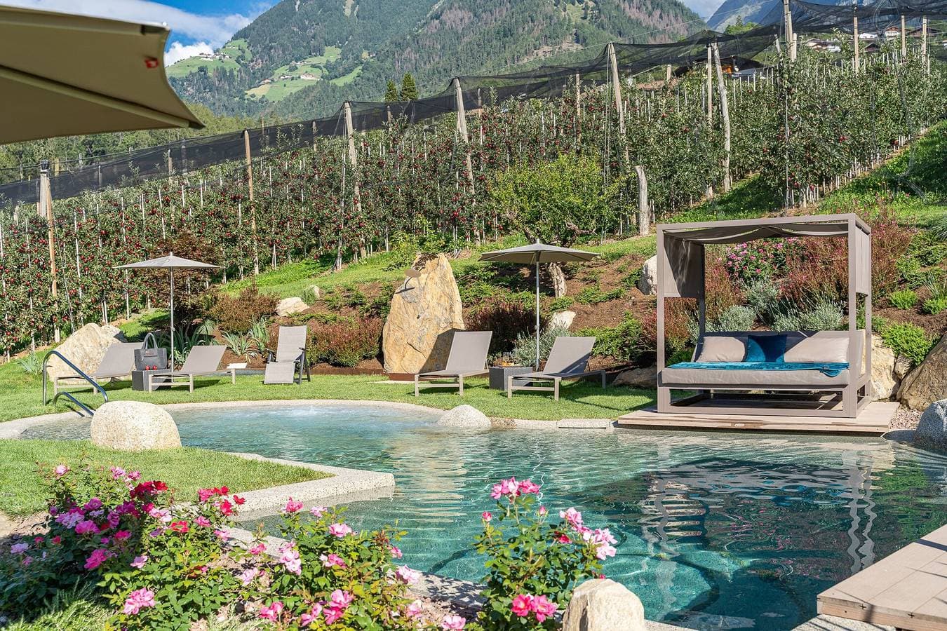 Foto 11 von 31: Ferienwohnung "Feldhof Golden Delicious" mit Salzwasser Pool, Panoramaliegewiese und Balkon