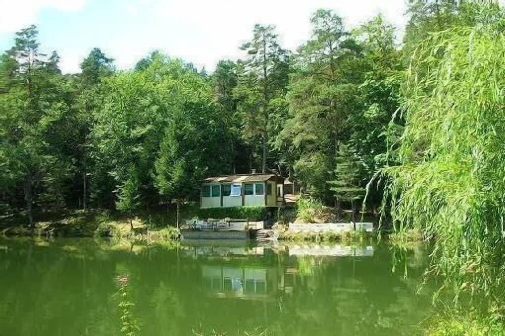 Foto 13 von 21: Chalet mit Blick auf einen Teich in einer grünen Umgebung.